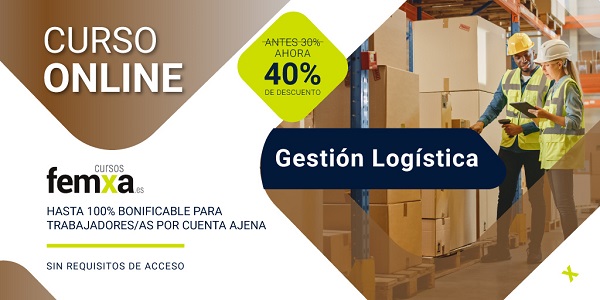 Cartel anunciador del curso de logística en el que se ven los logotipos de Cursos Femxa, un descuento del 40% y una imagen con dos operarios en un almacén revisando grandes cajas de cartón