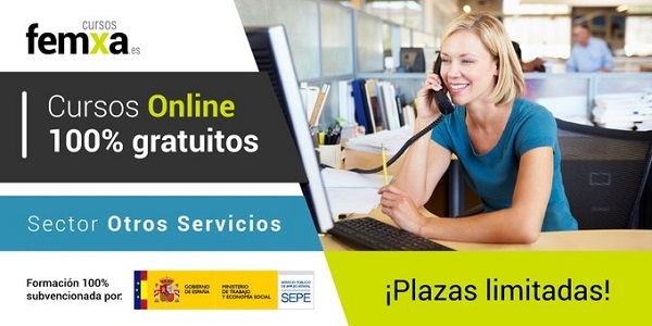 chica joven atendiendo una llamada dentro de una empresa ligada al sector de otros servicios, imagen inserta en el cartel de los cursos online de femxa para este sector