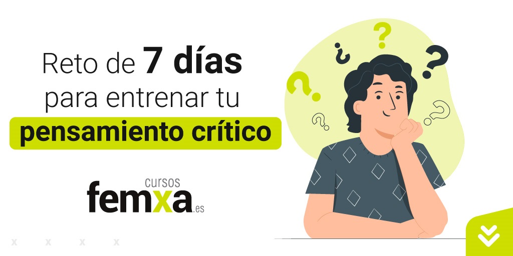 dibujo de un chico pensando con interrogantes que se plantea un reto para potencias su pensamiento crítico