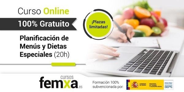 cartel anunciador de curso online sobre dietas especiales en el que se ve un portátil y fruta
