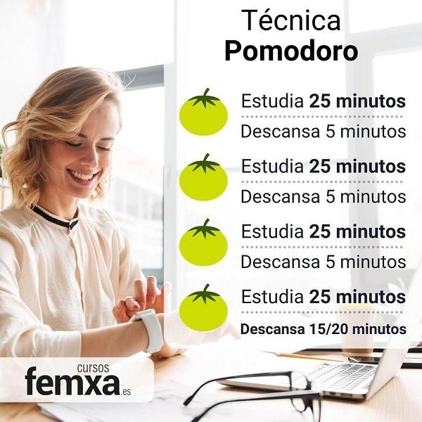 mujer joven aplicando la técnica pomodoro y gráficos con imágenes de tomates verdes con los tiempos de 25 minutos de productividad que marca esta técnica