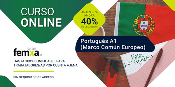 Cartel anunciador del curso de portugués de Femxa, se ve la bandera portuguesa, resaltadores y una libreta con bolígrafo