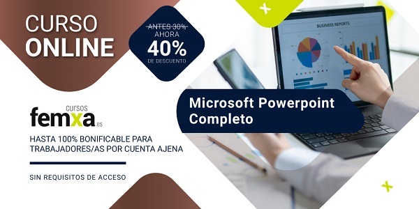 Cartel anunciador del curso de PowerPoint completo de Femxa, se visualiza un ordenador portátil con una presentación con gráficos