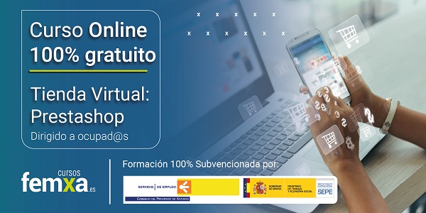 cartel anunciador del curso gratuito online de prestashop para Asturias