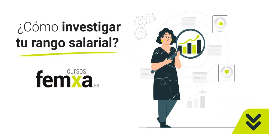 dibujo de una mujer con gráficos que indican que piensa en su rango salarial