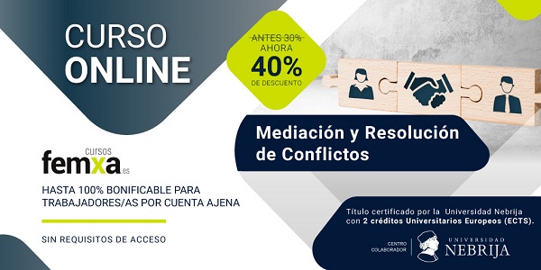 cartel anunciador del curso de mediación y resolución de conflictos, con un 40% de descuento