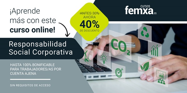 cartel anunciador del curso de RSC privado de femxa, se ven unas manos en un portátil y los aspectos que inciden en las políticas de responsabilidad social corporativa