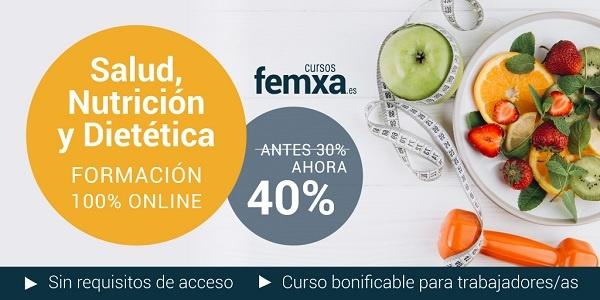Cartel anunciador del curso de Salud, Nutrición y Dietética, se lee un descuento del 40% y se ve un plato con frutas y verduras, una cinta métrica y una mancuerna