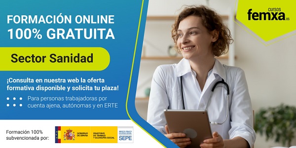 médica con bata blanca y estetoscopio en un cartel de formación gratuita para el sector de la sanidad