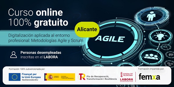 cartel anunciador del curso de scrum, se ve un panel con elementos digitales y los logotipos de las entidades financiadoras, unión europea, ministerio de educación y labora