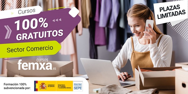 cartel anunciador de los cursos gratuitos para el sector comercio en el que se ve una comerciante llamando por teléfono