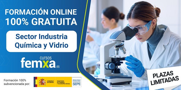 Cartel anunciador de la oferta formativa del sector químico, se observa química observando por un microscopio