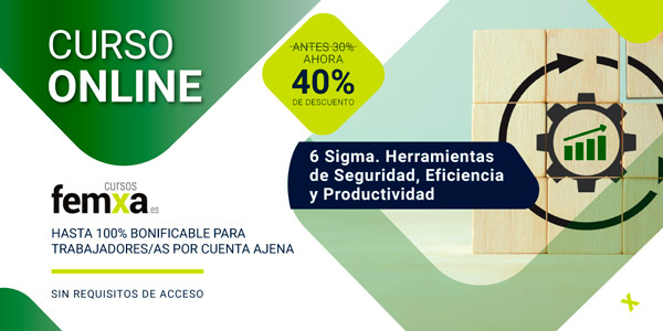 Cartel anunciador del curso de six sigma de cursos femxa, se ve un diagrama de rueda dentada, gráficos y el logotipo de cursos femxa sobre fondo verde y blanco