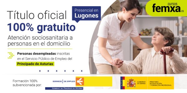 cuidadora con persona mayor en el cartel anunciador del curso de atención sociosanitaria