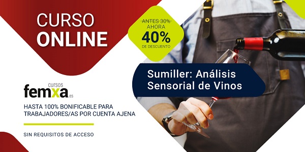 Cartel anunciador del curso online de Sumiller y análisis sensorial de vinos, se ve un servicio de vino tinto en copa con la información de cursos femxa con un 40% de descuento