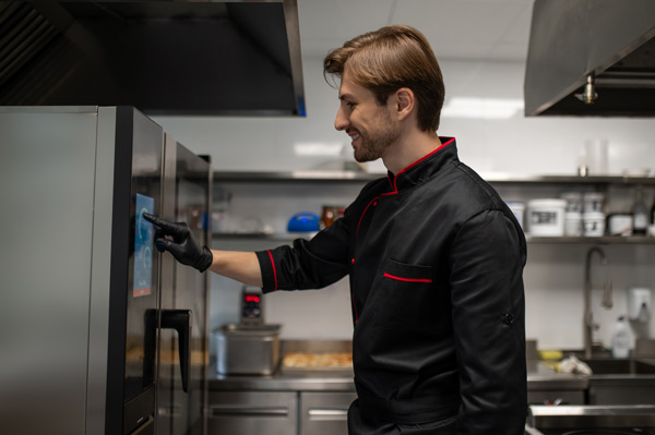 Técnicas culinarias con maquinaria profesional. chef manejando un horno industrial