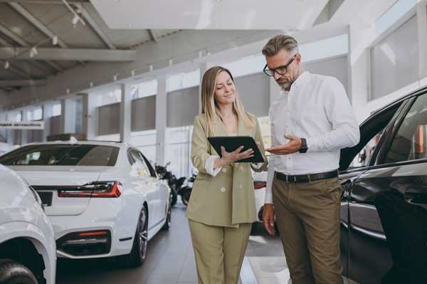 vendedora rubia en un concesionario de coches, explica características de sus productos a un cliente en una tablet