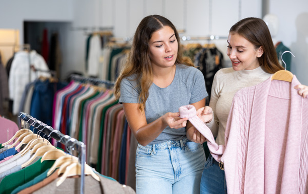 dos chicas probándose ropa en una tienda
