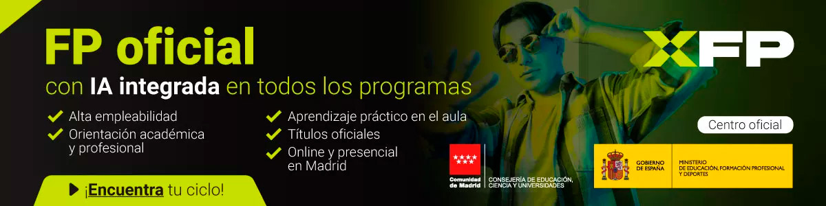 Banner del centro de formación profesional oficial XFP, fondo negro y tonos verdosos con un estudiante con gafas de sol y textos para matriculación en XFP.