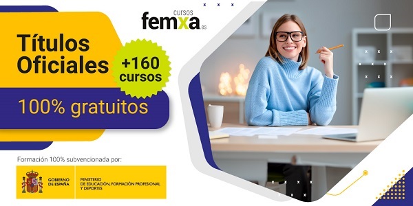 chica joven con gafas haciendo un curso online, imagen inserta en el cartel de títulos oficiales de cursos femxa