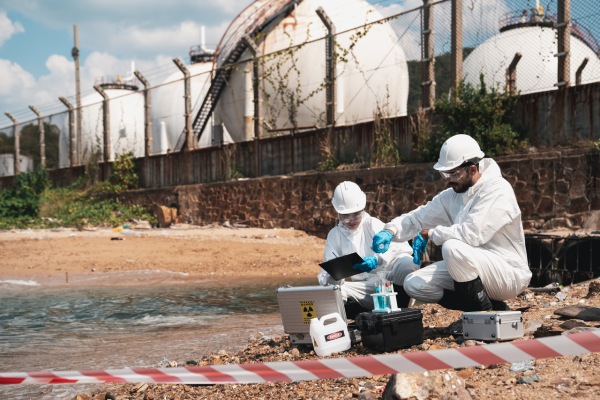 operarios de laboratorio recogen muestras de agua en una industria química