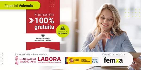 cartel anunciador de los cursos gratuitos de femxa para valencia, se ve una chica rubia estudiando y los logotipos de la generalitat valenciana, labora y servicio público de empleo estatal