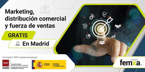 Cartel anunciador del curso de Marketing, distribución comercial y fuerza de Ventas, se ve un dedo en una diana y los datos de impartición del curso, en Madrid.