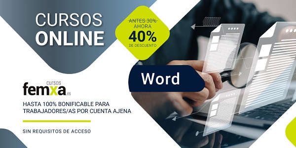 Manos en un ordenador con lupa y gráficos que evocan textos, imagen inserta en el cartel de los cursos online de word de Femxa