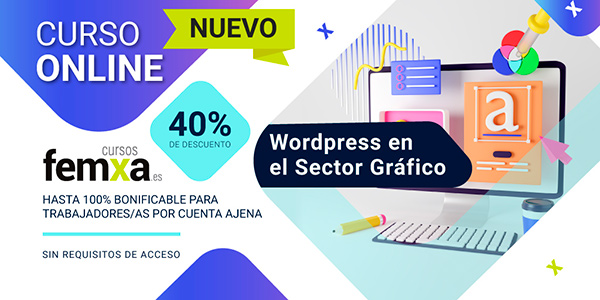 cartel anunciador del curso de wordpress para el sector del diseño gráfico, se ve un ordenador con creatividades y tipografías diversas