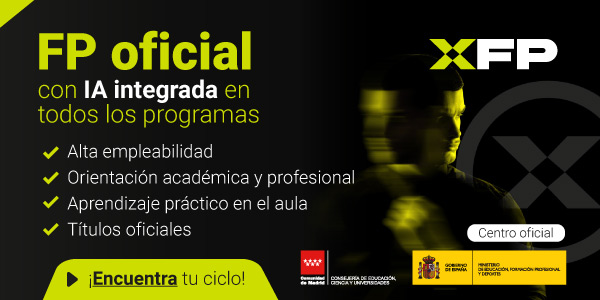 Cartel negro con sombreado verde con el logo de XFP en el que se lee FP oficial con IA integrada en todos los programas