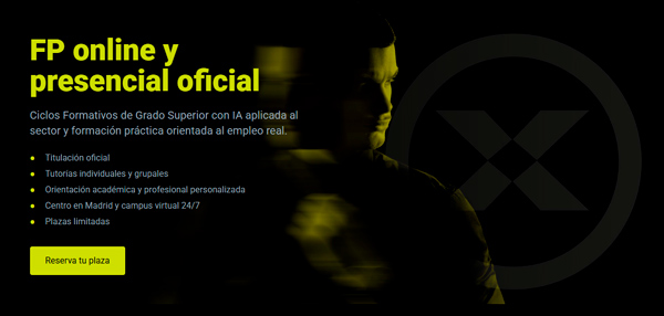 Información sobre los ciclos formativos de XFP Fondo negro y sombras verde fosforito con el logo de xfp y la mención a ciclos formativos de Fp presencial y online