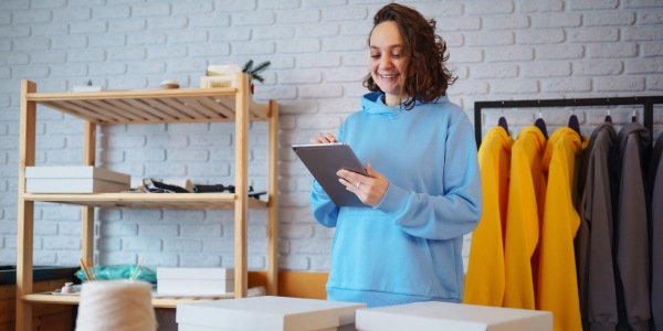 chica emprendedora revisando en tableta las reseñas y opiniones de clientes en internet