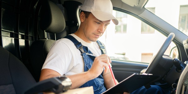 trabajador de empresa revisando listado de entrega mientras conduce vehiculo 