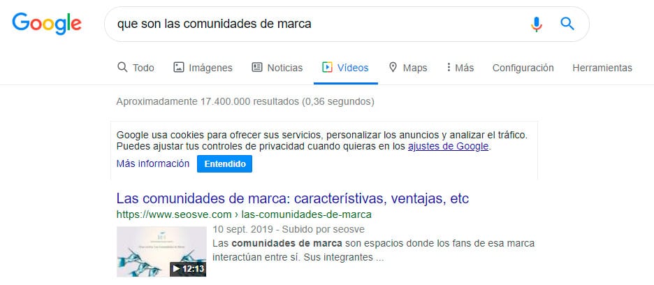 cuadro de búsquedas de google por vídeos