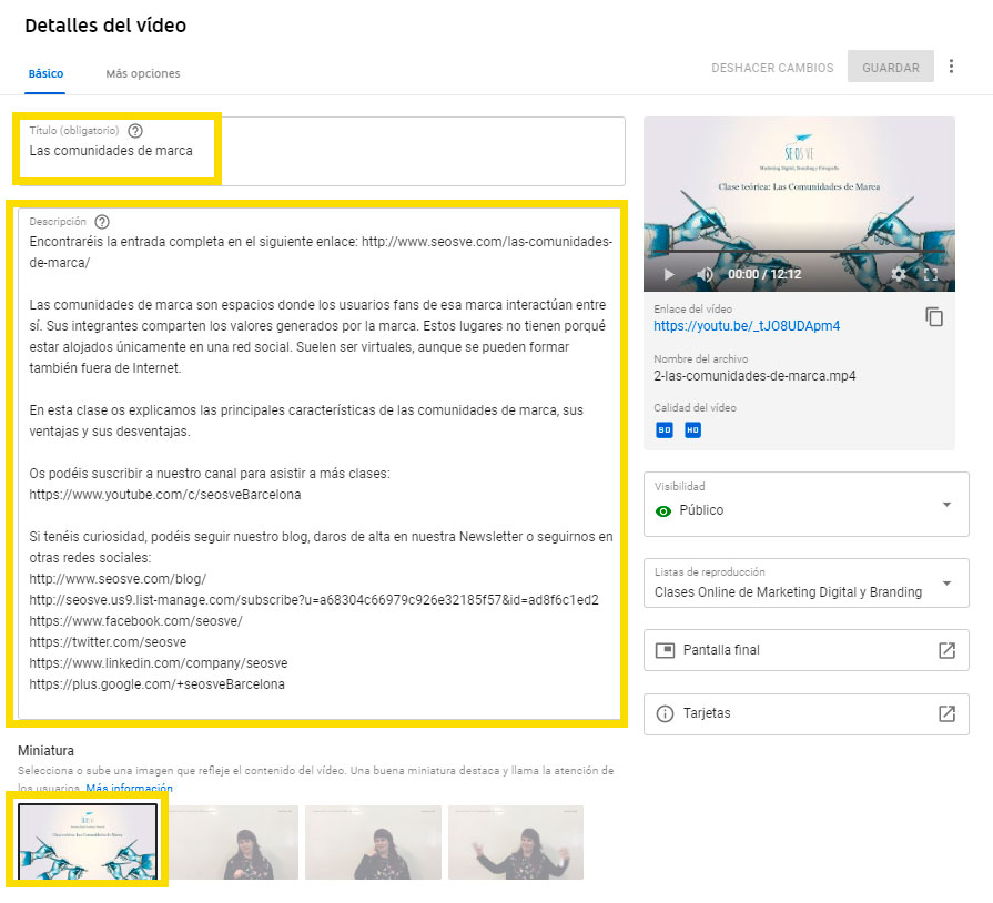 detalles a cumplimentar sobre el vídeo